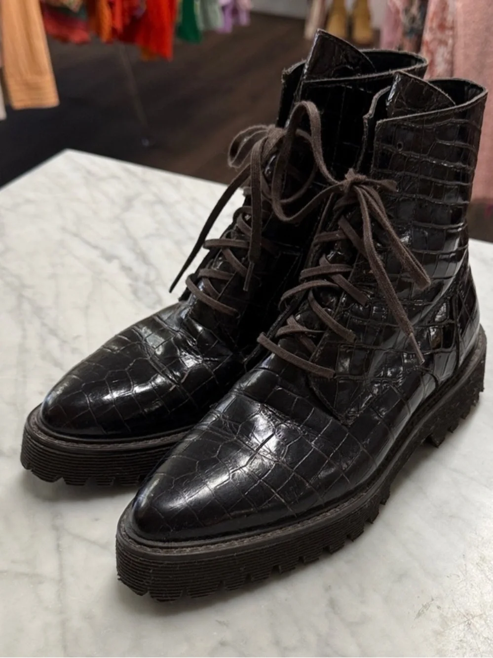 Freda Salvador Burgundy Croc-Embossed Platform Lace-Up Boot - Picture 2 of 2